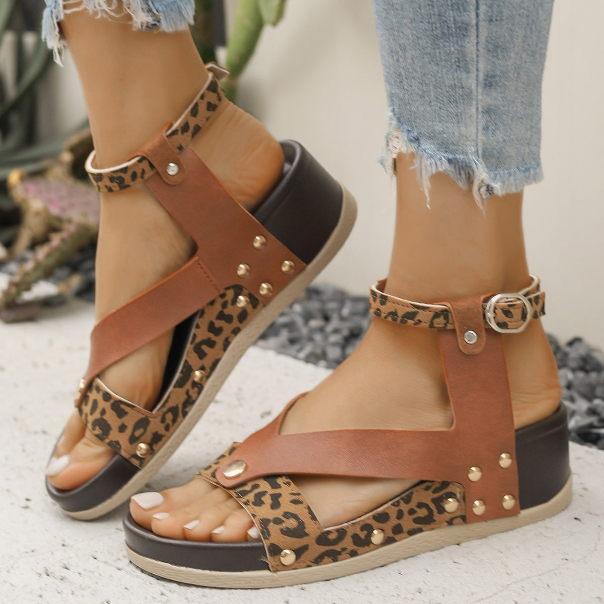 Leopard Ankle Strap Wedge Sandals