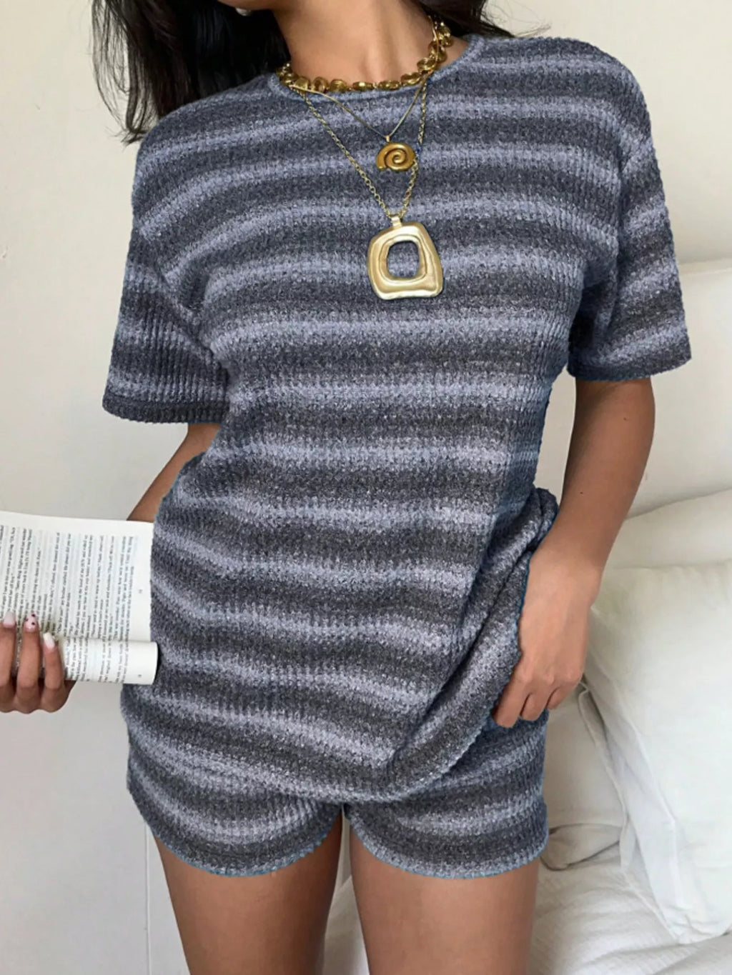 Striped Textured Knit Top and Shorts Set