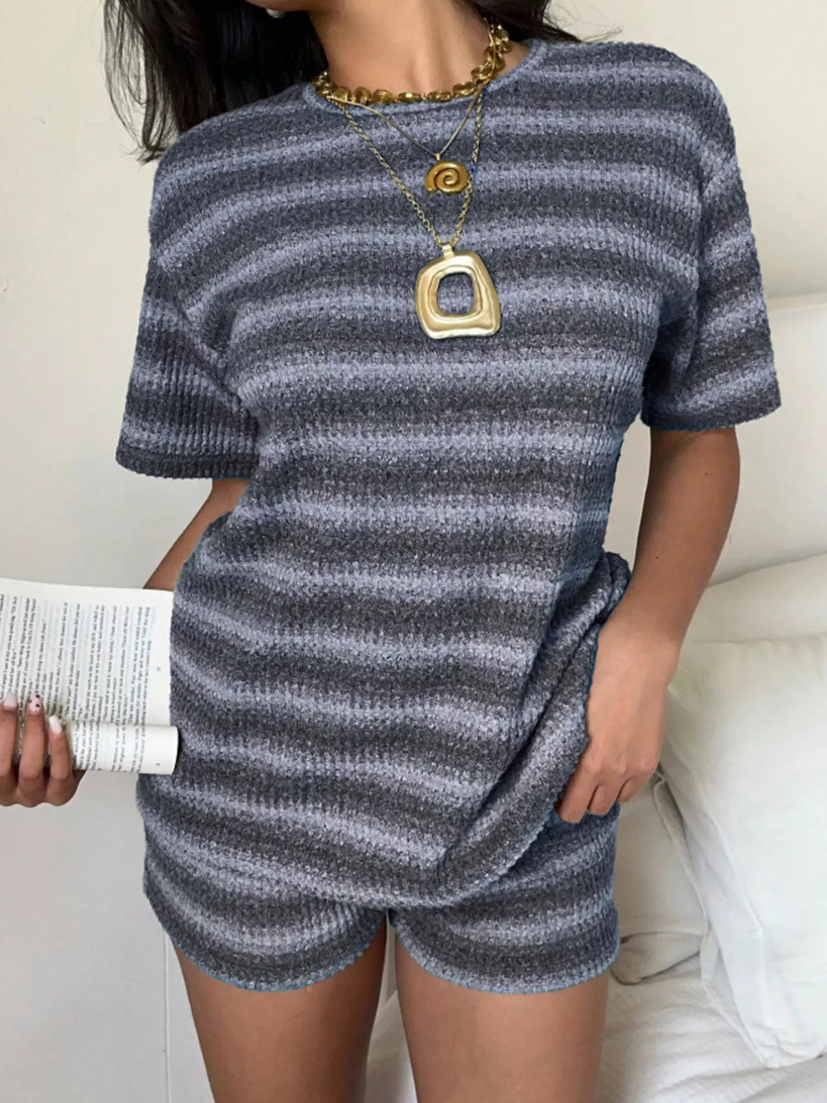 Striped Textured Knit Top and Shorts Set