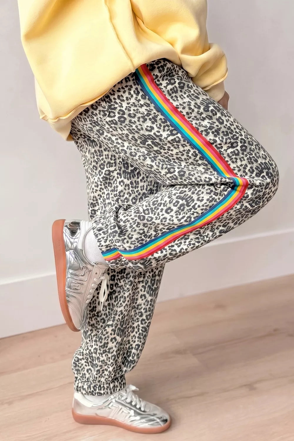 Leopard Print Rainbow Striped Detail Buttoned Loose Jogger Jeans