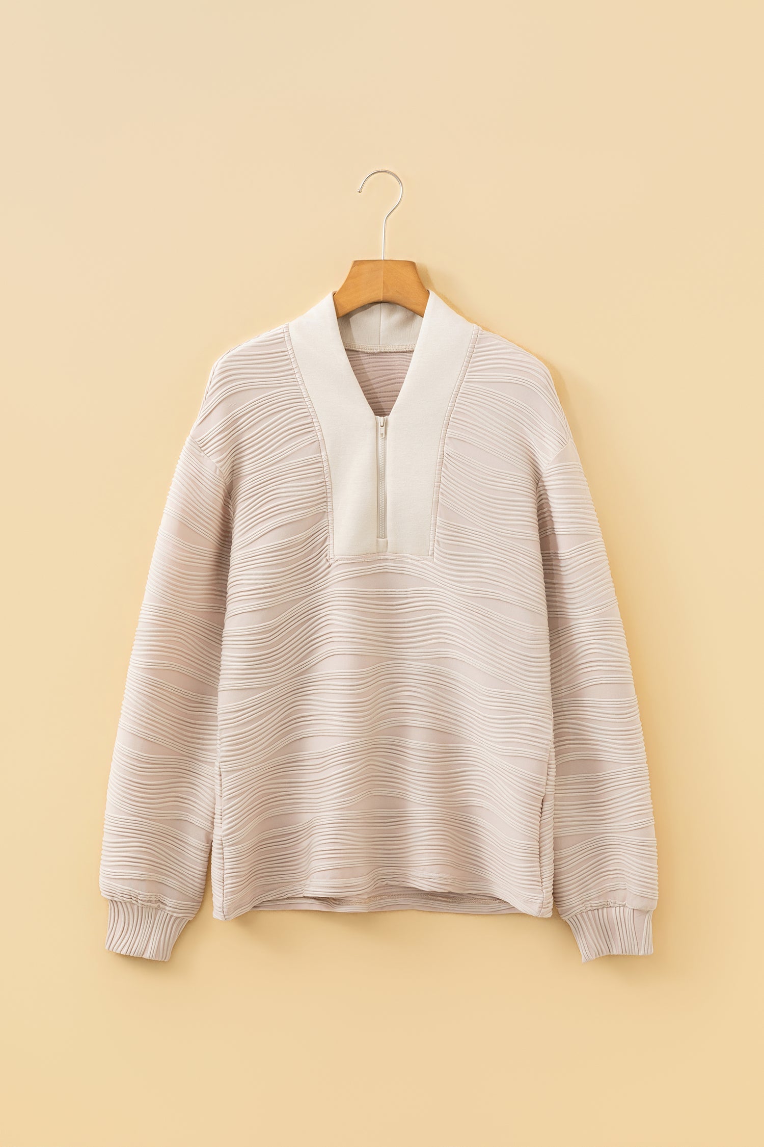 Parchment Solid Color Textured Zip V Neck Pullover Sweatshirt