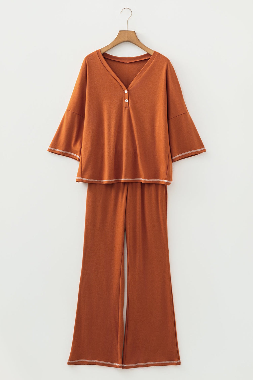 Grapefruit Orange Contrast Stitching Buttoned V Neck Half Sleeve Top and Drawstring Flare Pants Set