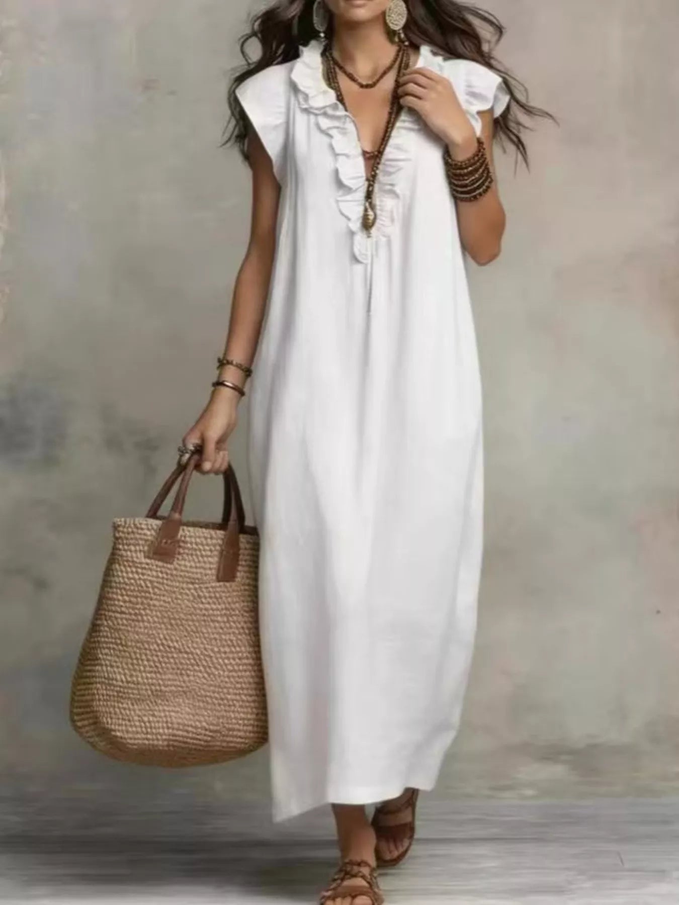Full Size Bohemian Ruffle Neck Maxi Dress Plus Size
