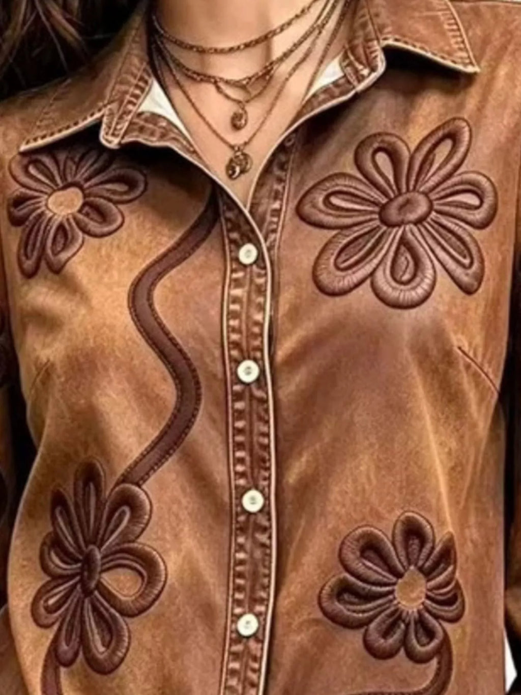 Full Size Denim Lock Floral Embroidered Shirt Plus Size