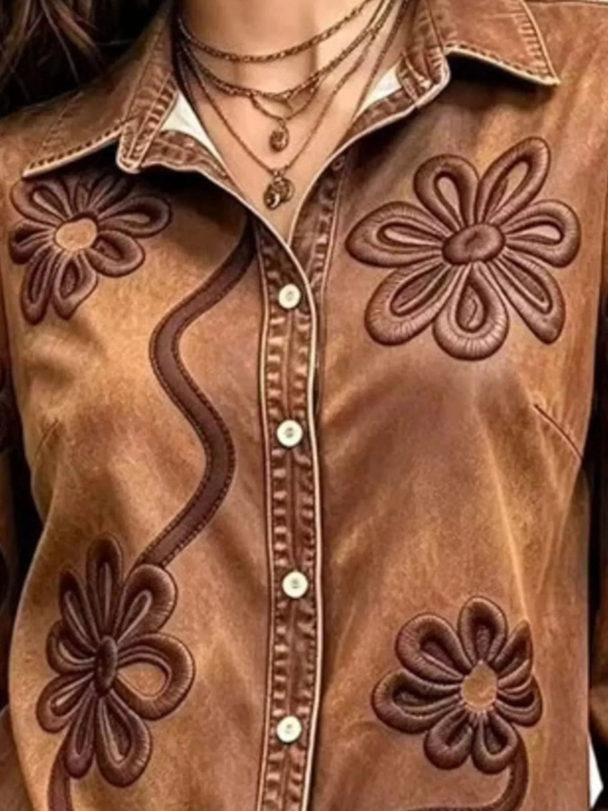 Full Size Denim Lock Floral Embroidered Shirt Plus Size