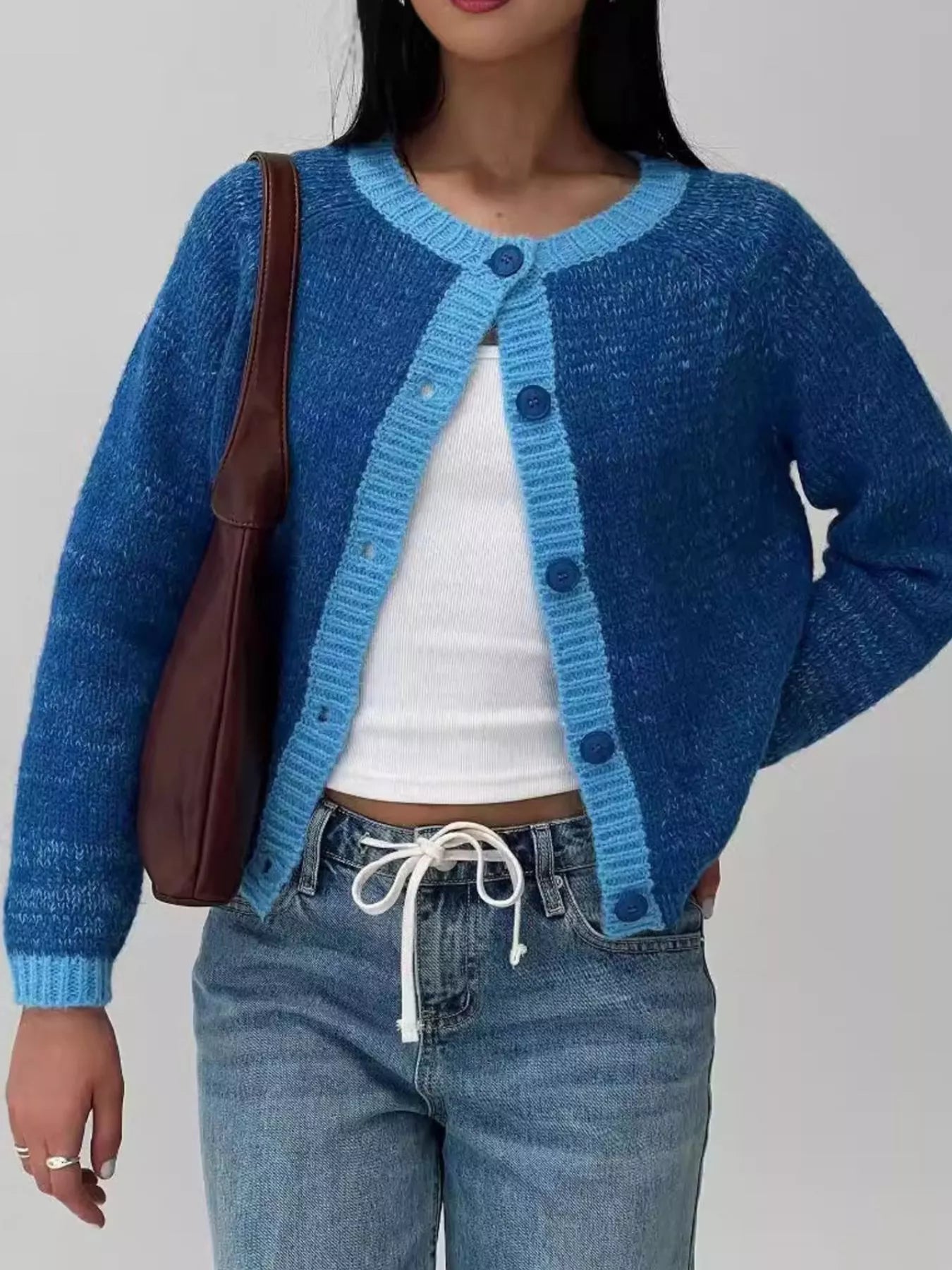 Contrast Trim Button-Up Cardigan