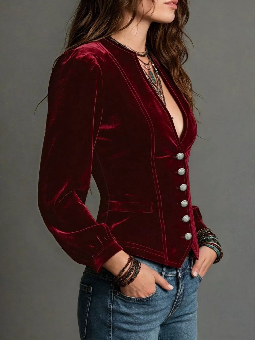 Button Down Plunge Velvet Shirt