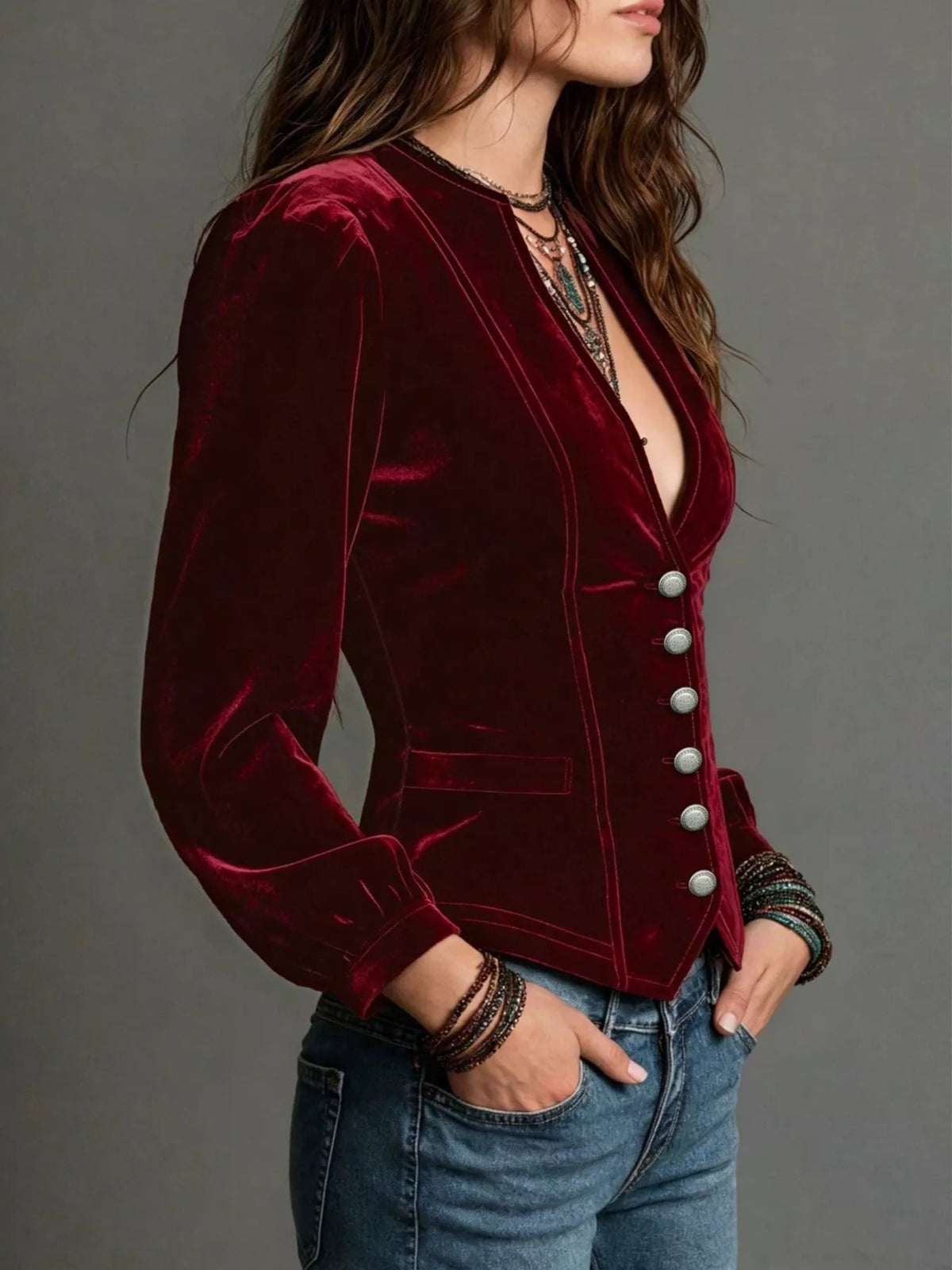 Button Down Plunge Velvet Shirt