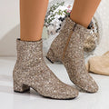 Sequin Round Toe Block Heels Boots