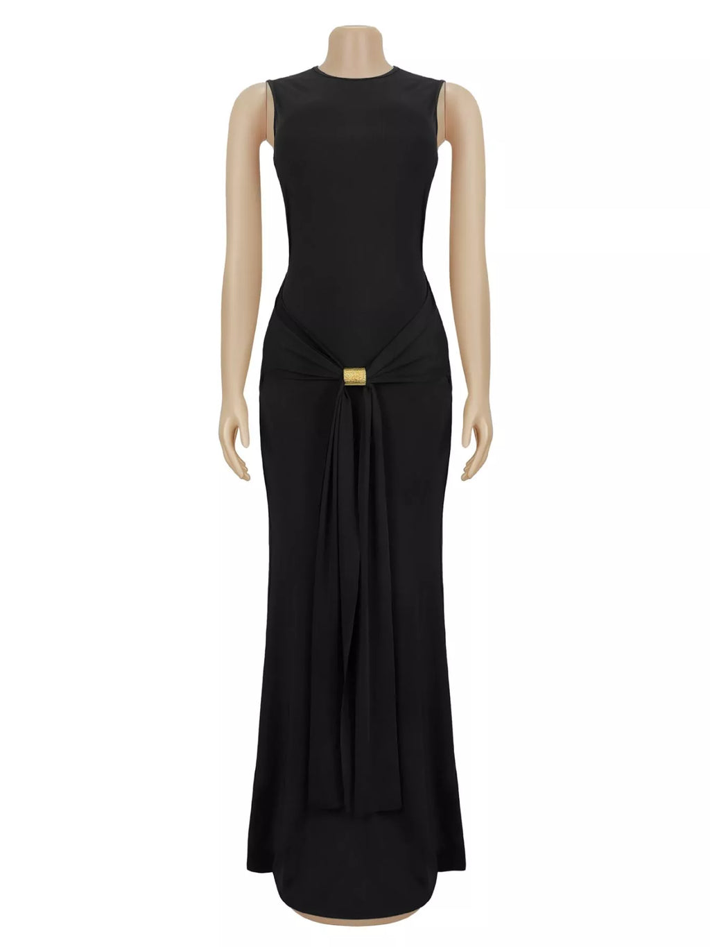 Sleeveless Bodycon Maxi Dress with Gold Buckle Detail