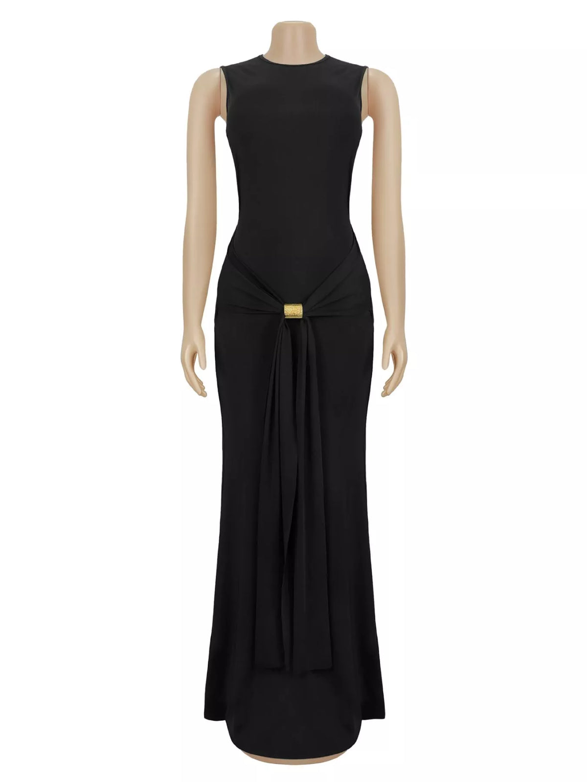 Sleeveless Bodycon Maxi Dress with Gold Buckle Detail