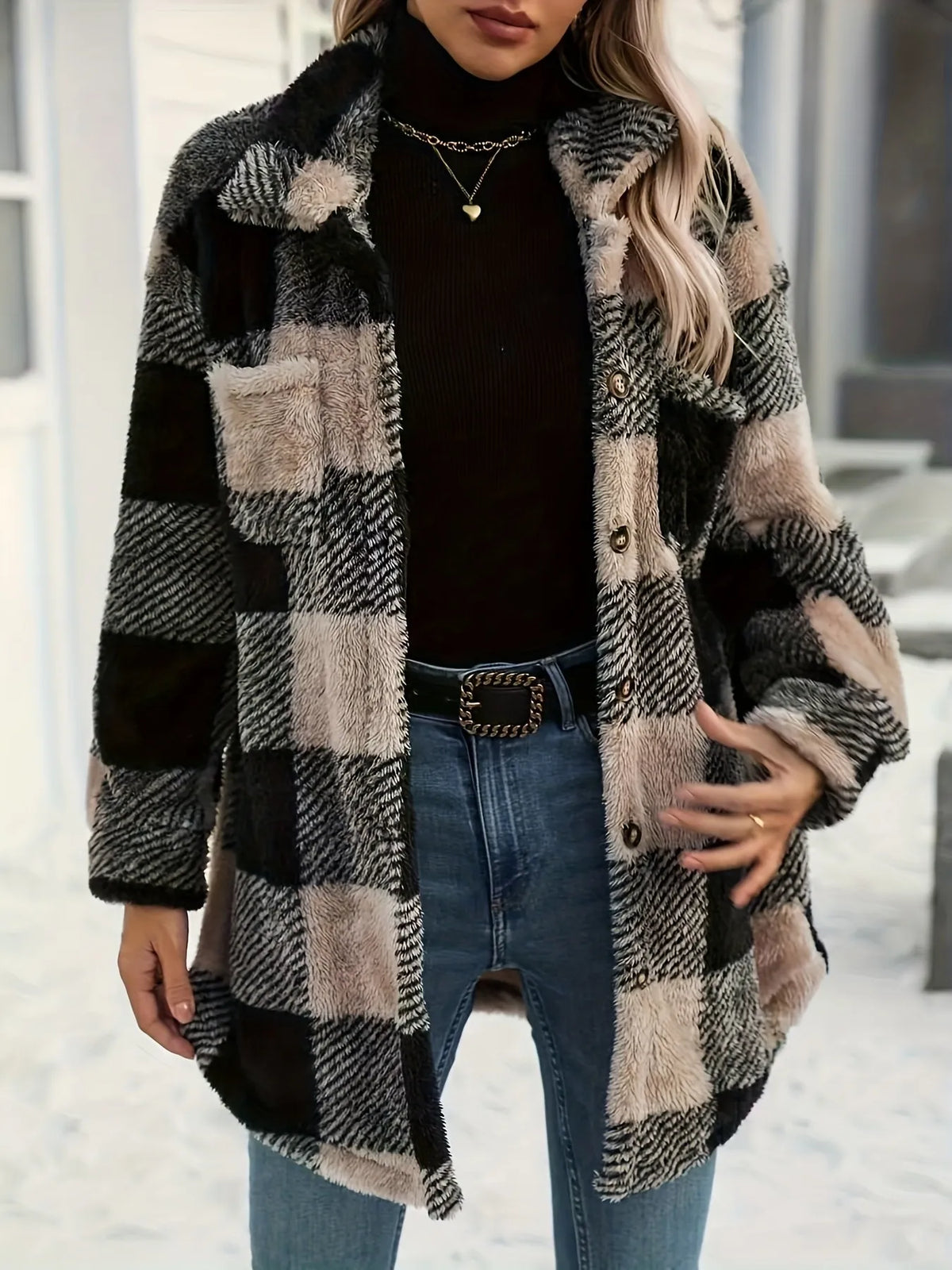 Oversized Plaid Teddy Coat with Button Front and Pockets