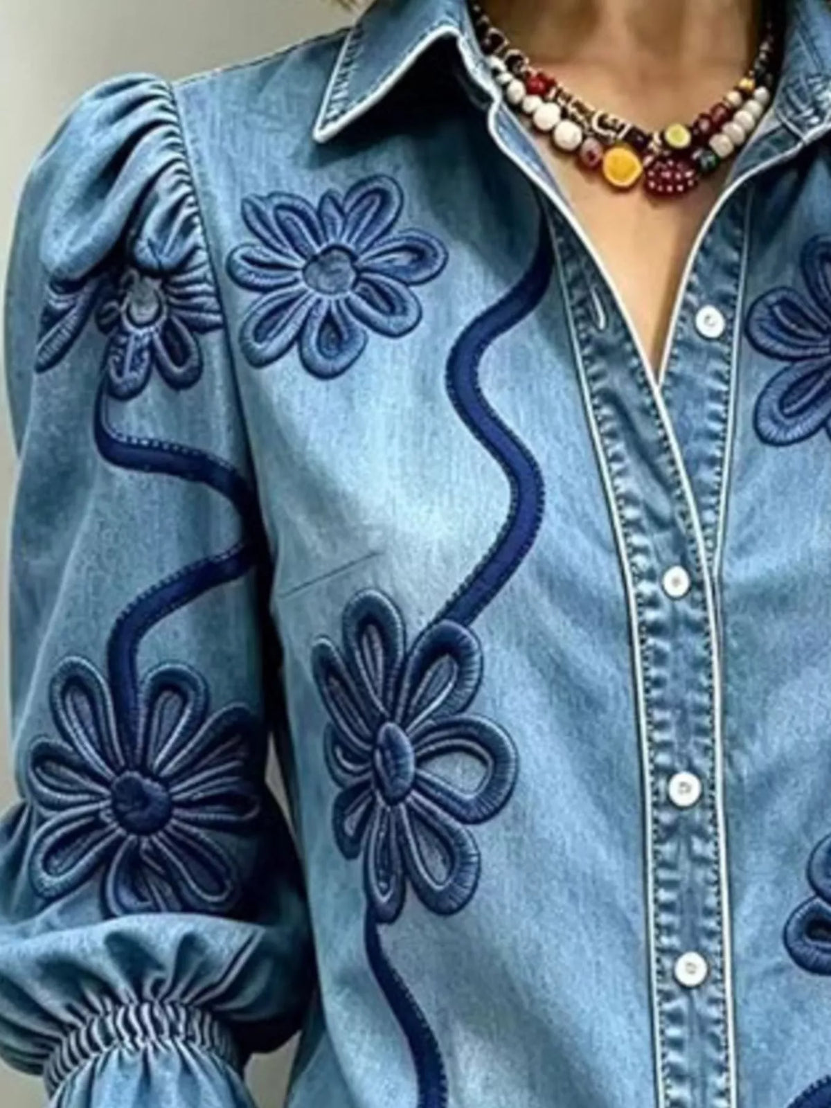 Full Size Denim Lock Floral Embroidered Shirt Plus Size