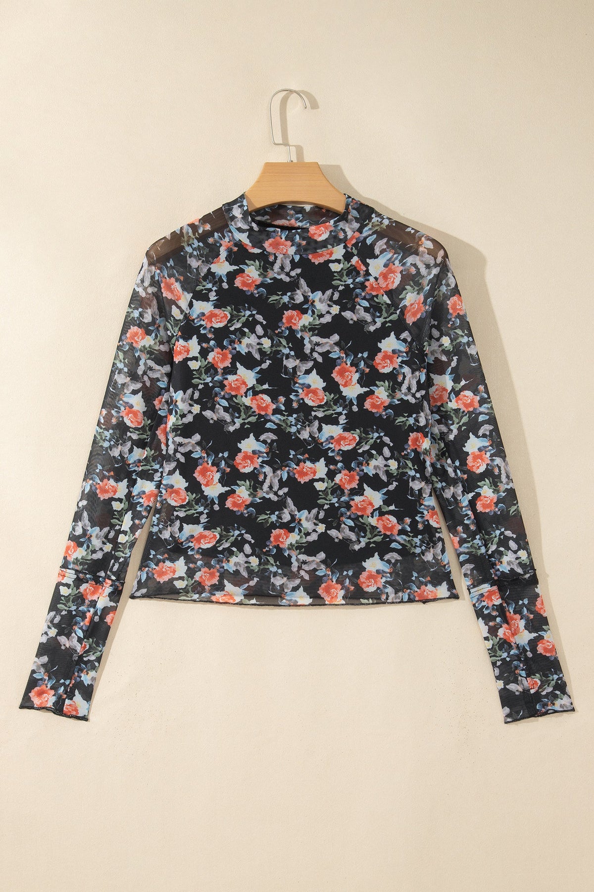 Floral Mesh Thumbhole Long Sleeve Mock Neck Top