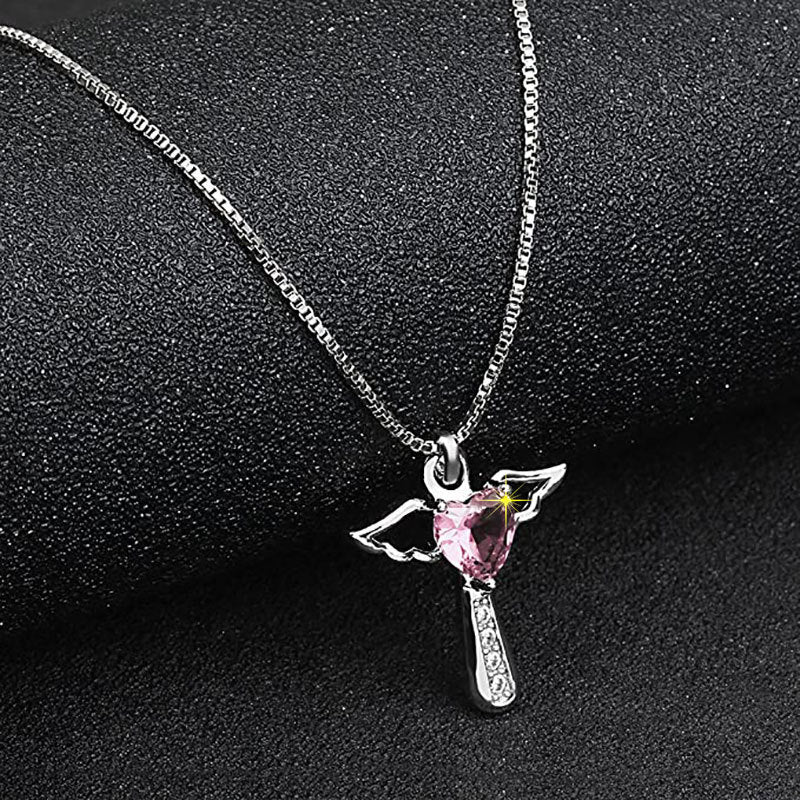 European And American Necklace Cross-border Amazon WISH Cross Wings Peach Heart Necklace Multi-color Zircon Crystal Pendant For Women