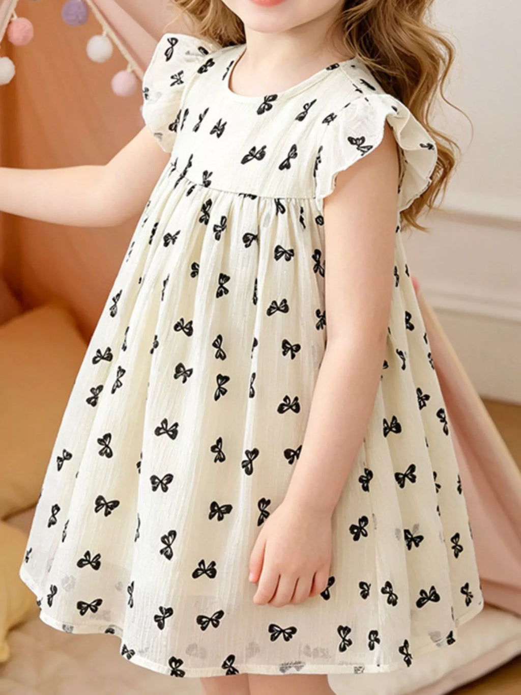 Children's Bow Print Flutter Sleeve Dress