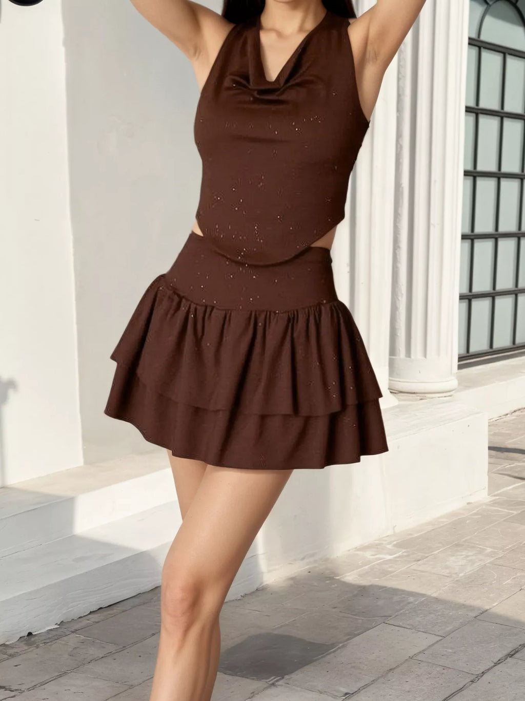 Halter Neck Crop Top and Layered Ruffle Mini Skirt Set