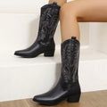 Embroidered Point Toe Block Heels Boots