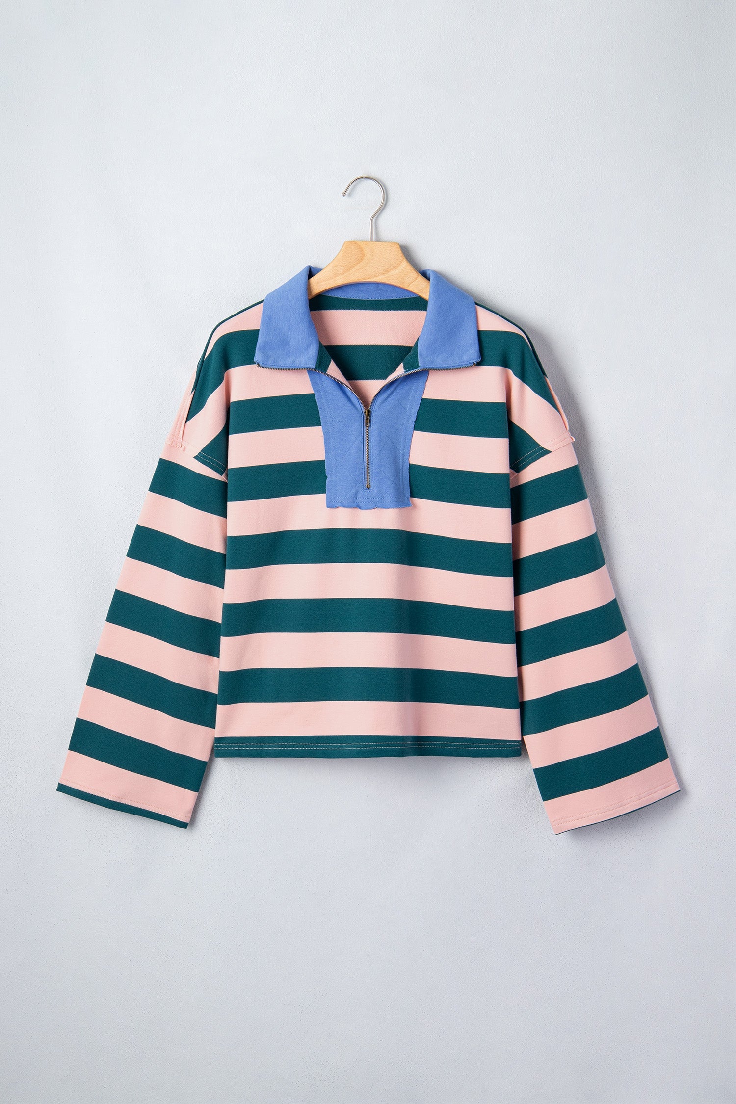 Green Stripe Quarter-Zip Metal Zipper Cover Stitch Hem Top