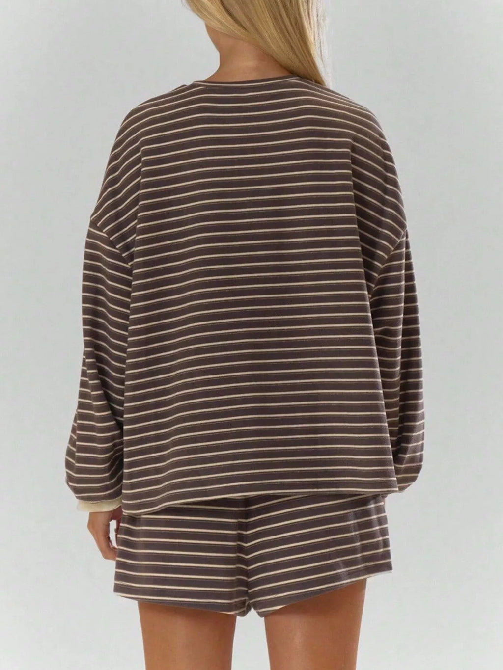 Casual Striped Long-Sleeve Top and Shorts Set