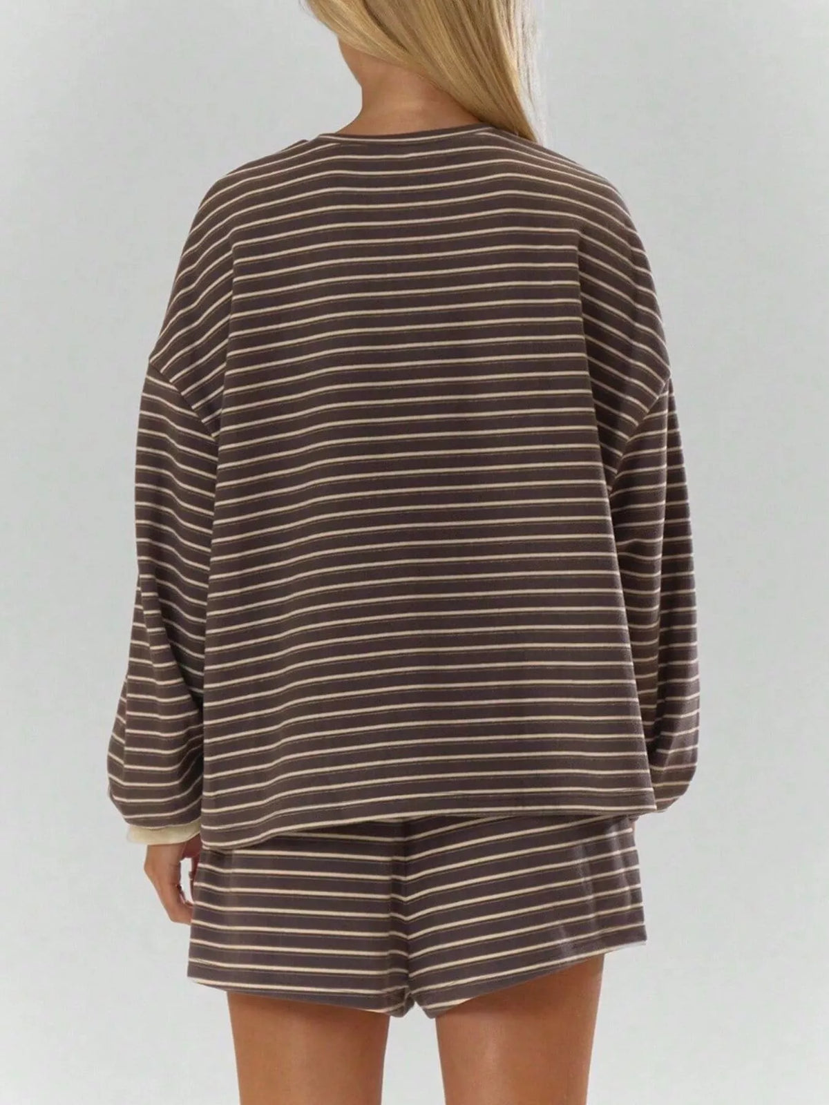 Casual Striped Long-Sleeve Top and Shorts Set
