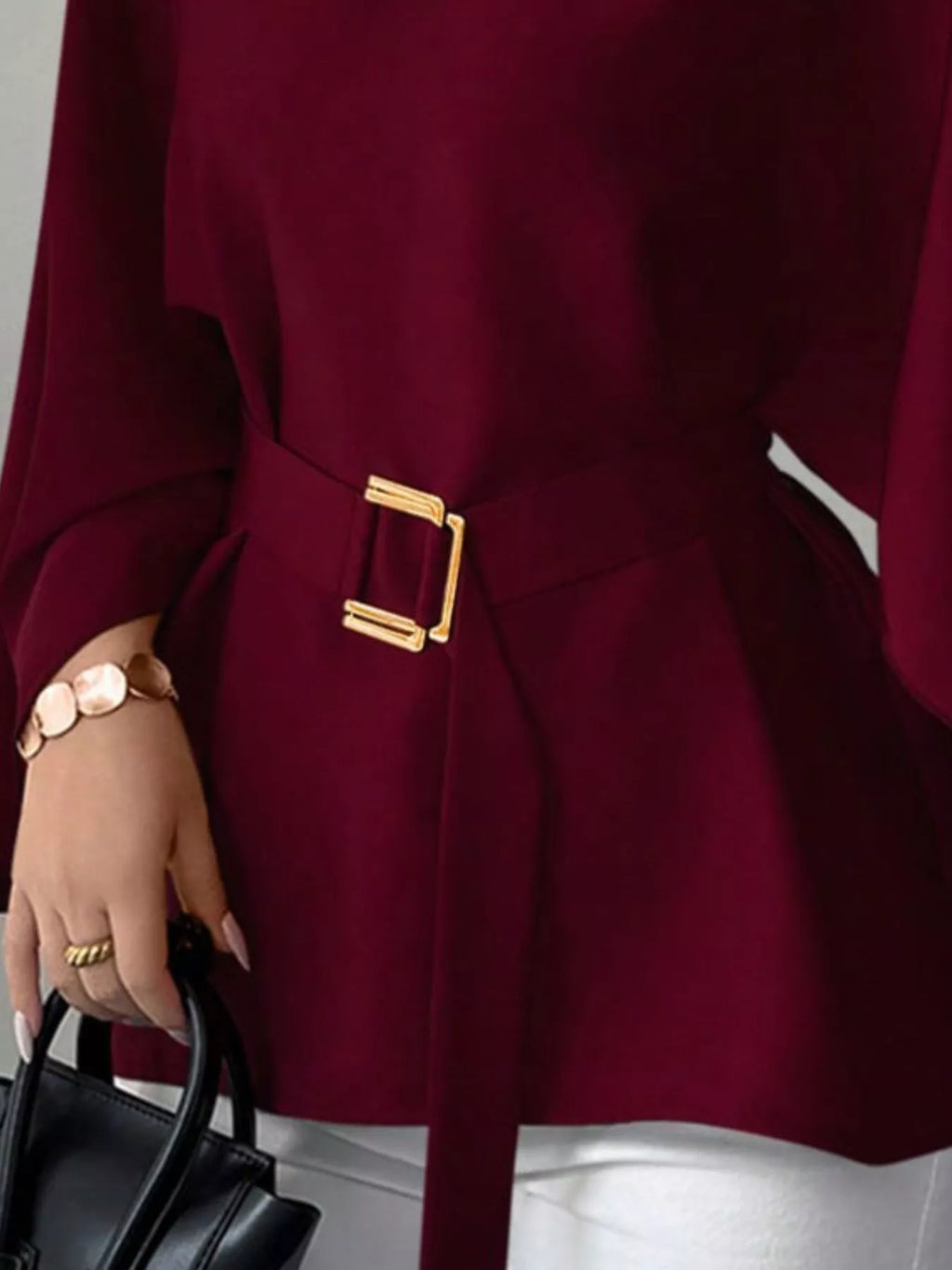 Round Neck Belt Batwing Sleeve Blouse