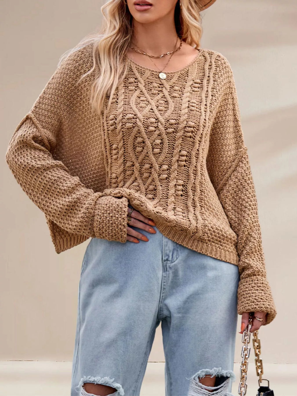 Cable Knit Dropped Shoulder Sweater