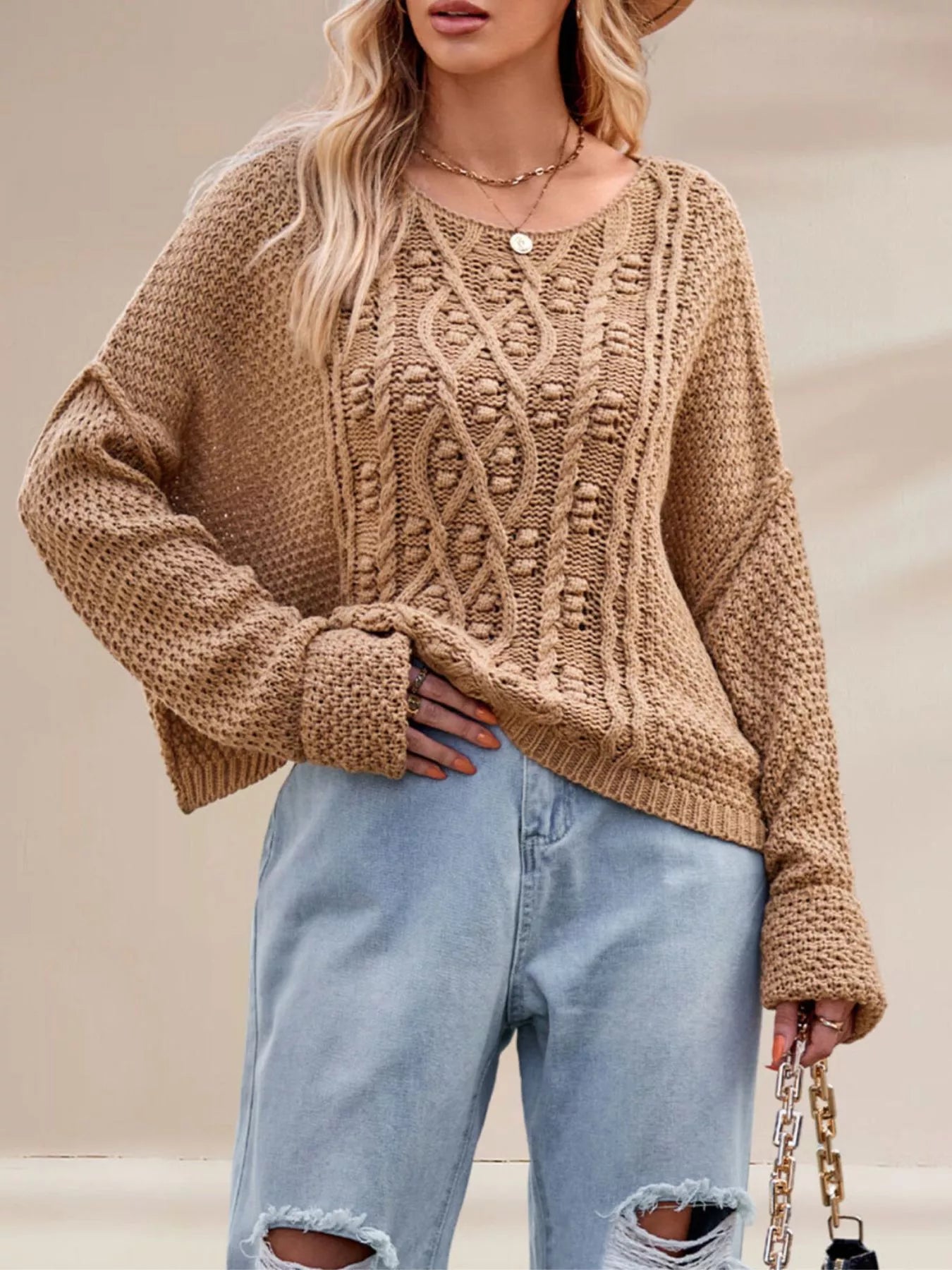 Cable Knit Dropped Shoulder Sweater