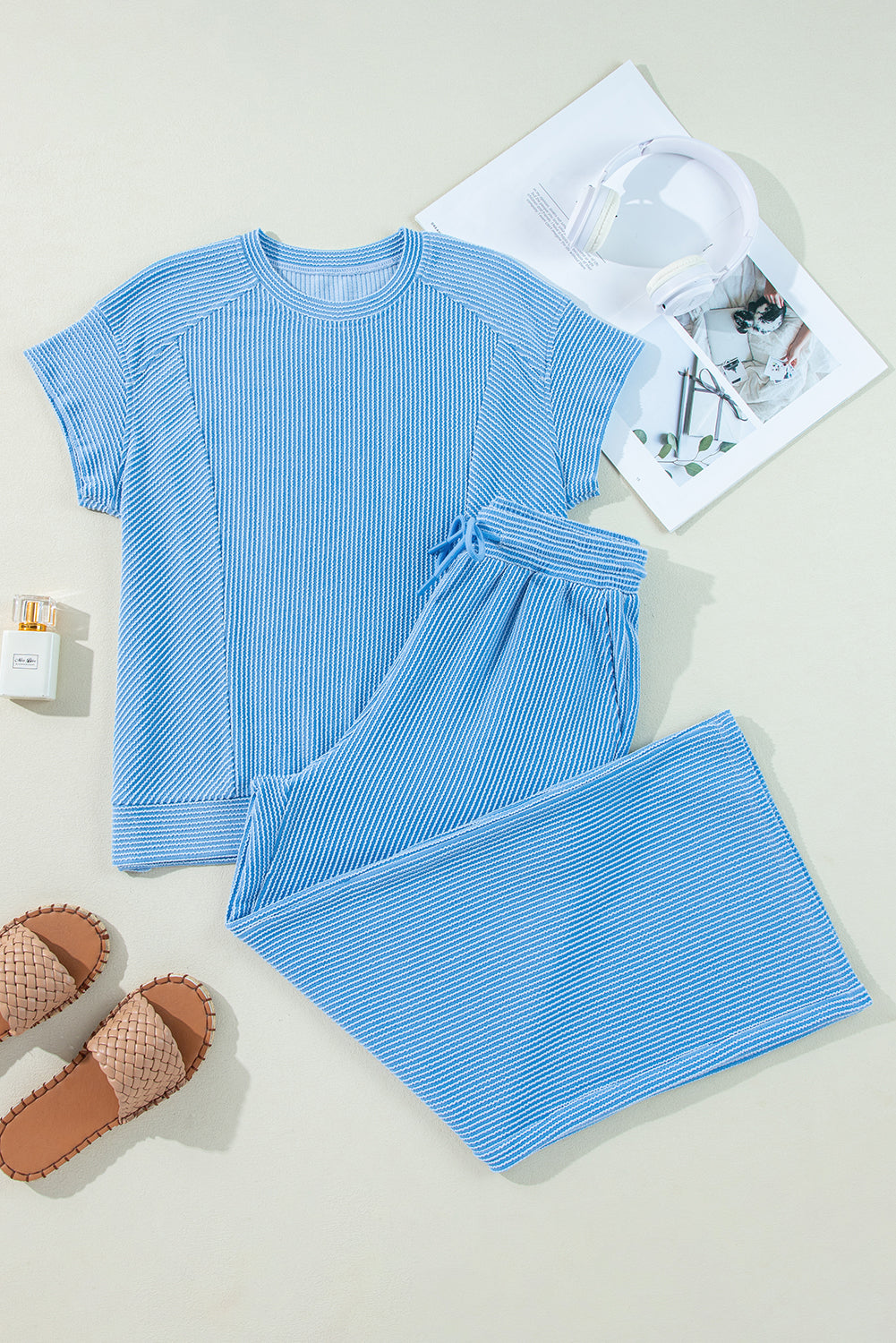 Solid Corded T-Shirt and Pants Set