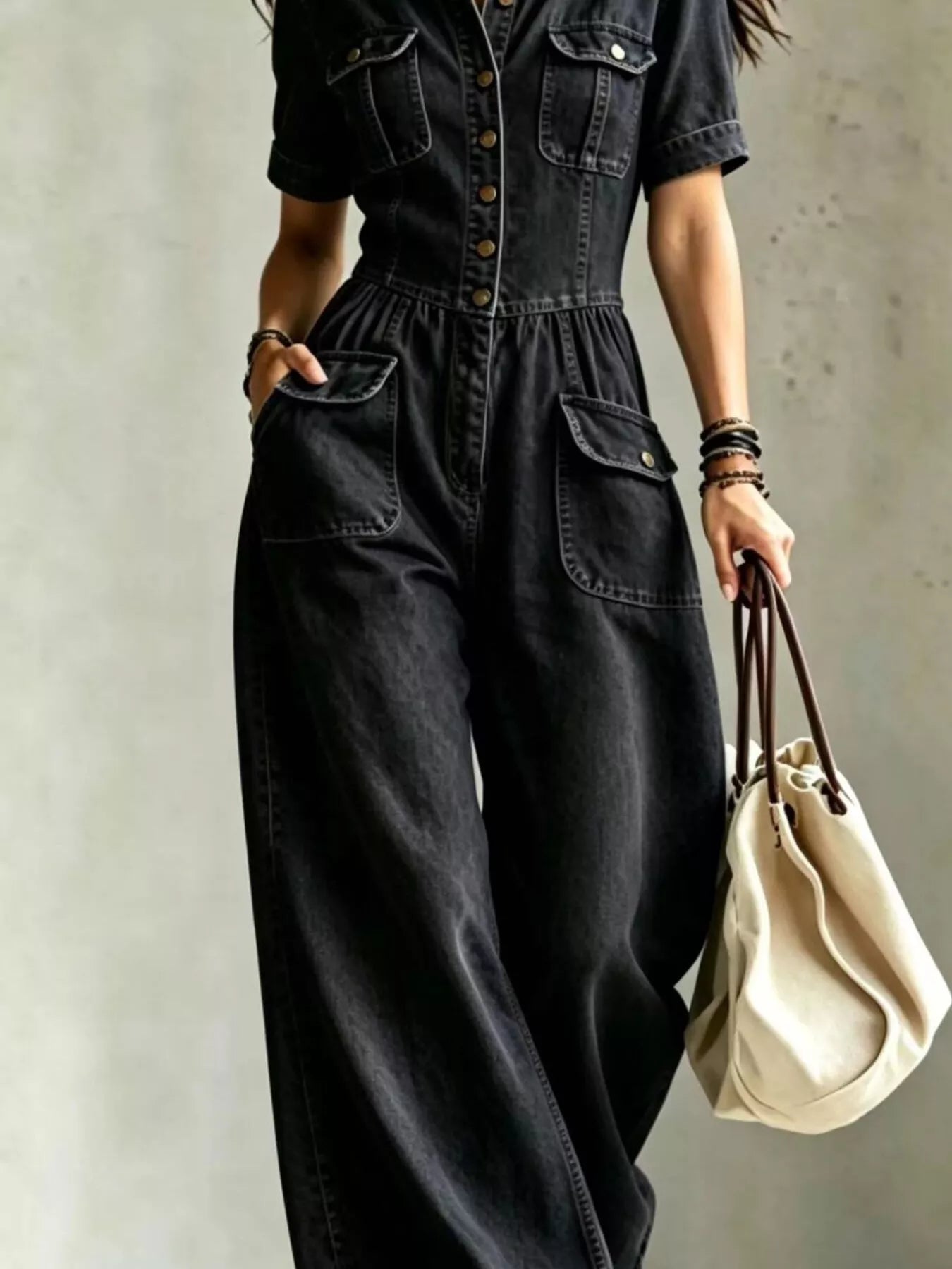 Full Size Denim Wide-Leg Jumpsuit with Chest Pockets Plus Size