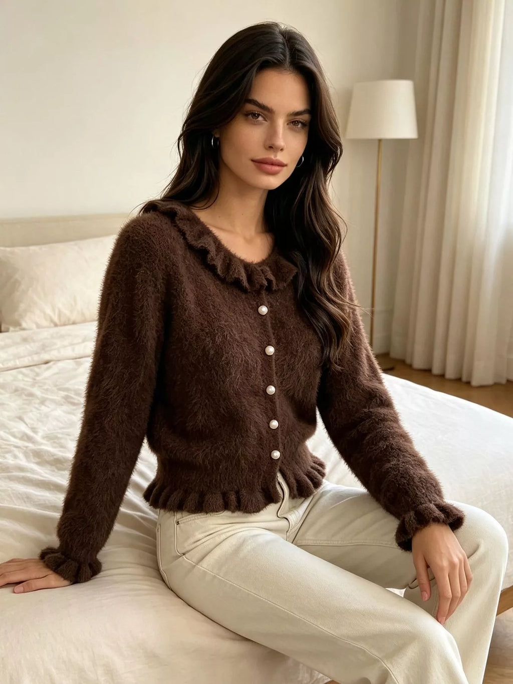Soft Fuzzy Cardigan with Ruffled Collar and Pearl Buttons