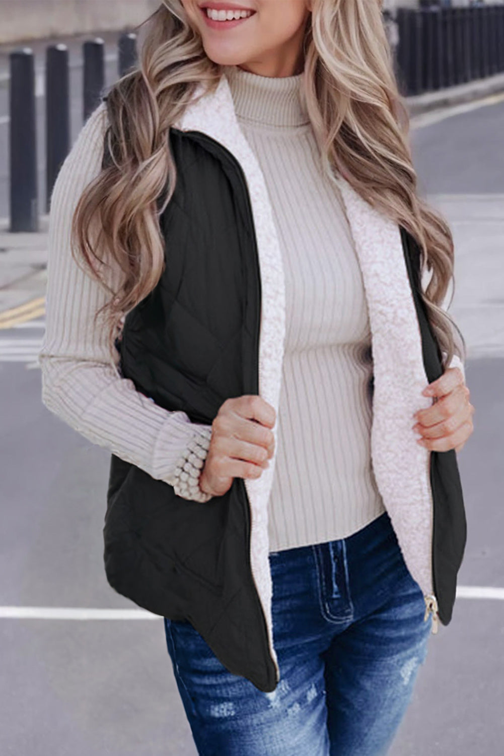 Solid Fleece Lined Quilted Vest Coat