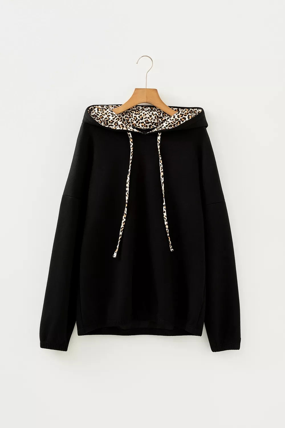 Elastic Cuffs Leopard Contrast Drawstring Hoodie