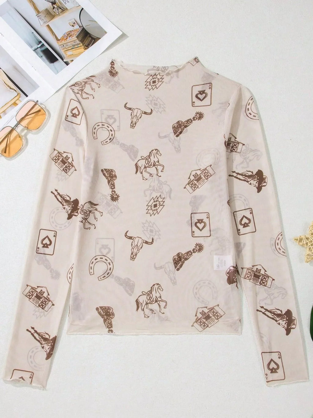 Printed Mesh Long Sleeve Slim Fit Top