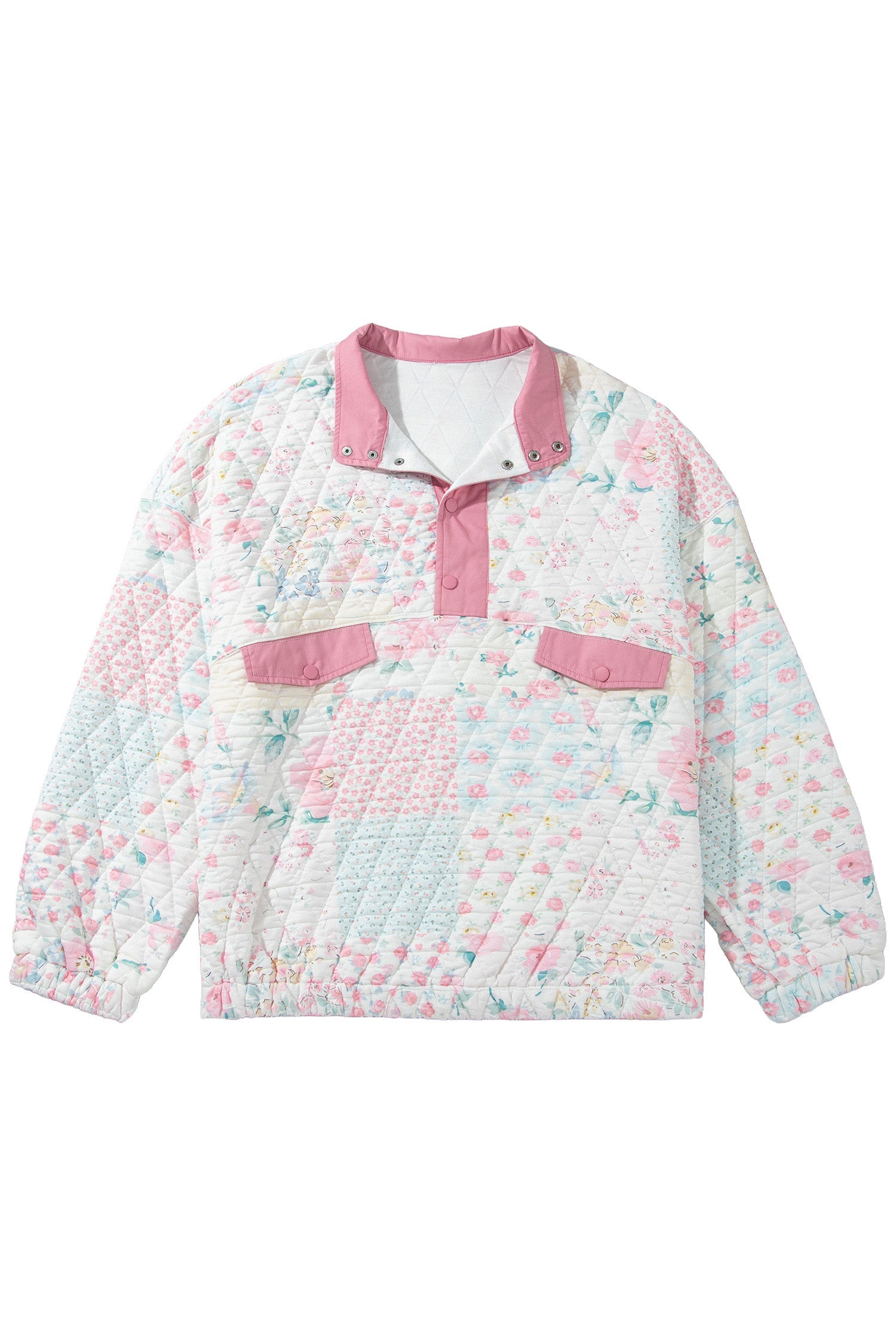 Pink Floral Quilted V-Neck Plus Size Fake Pocket Sweatshirt