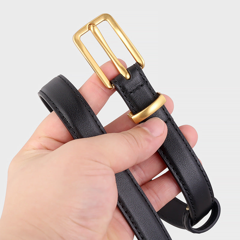 Leather Skinny Belt with Golden Buckle
