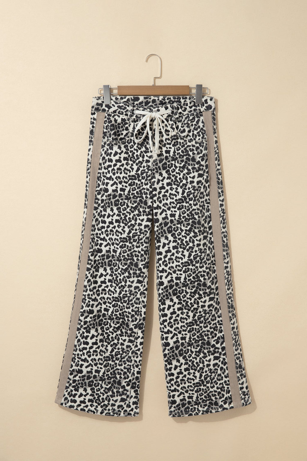 Khaki Leopard Print Drawstring Waist Straight Leg Jeans