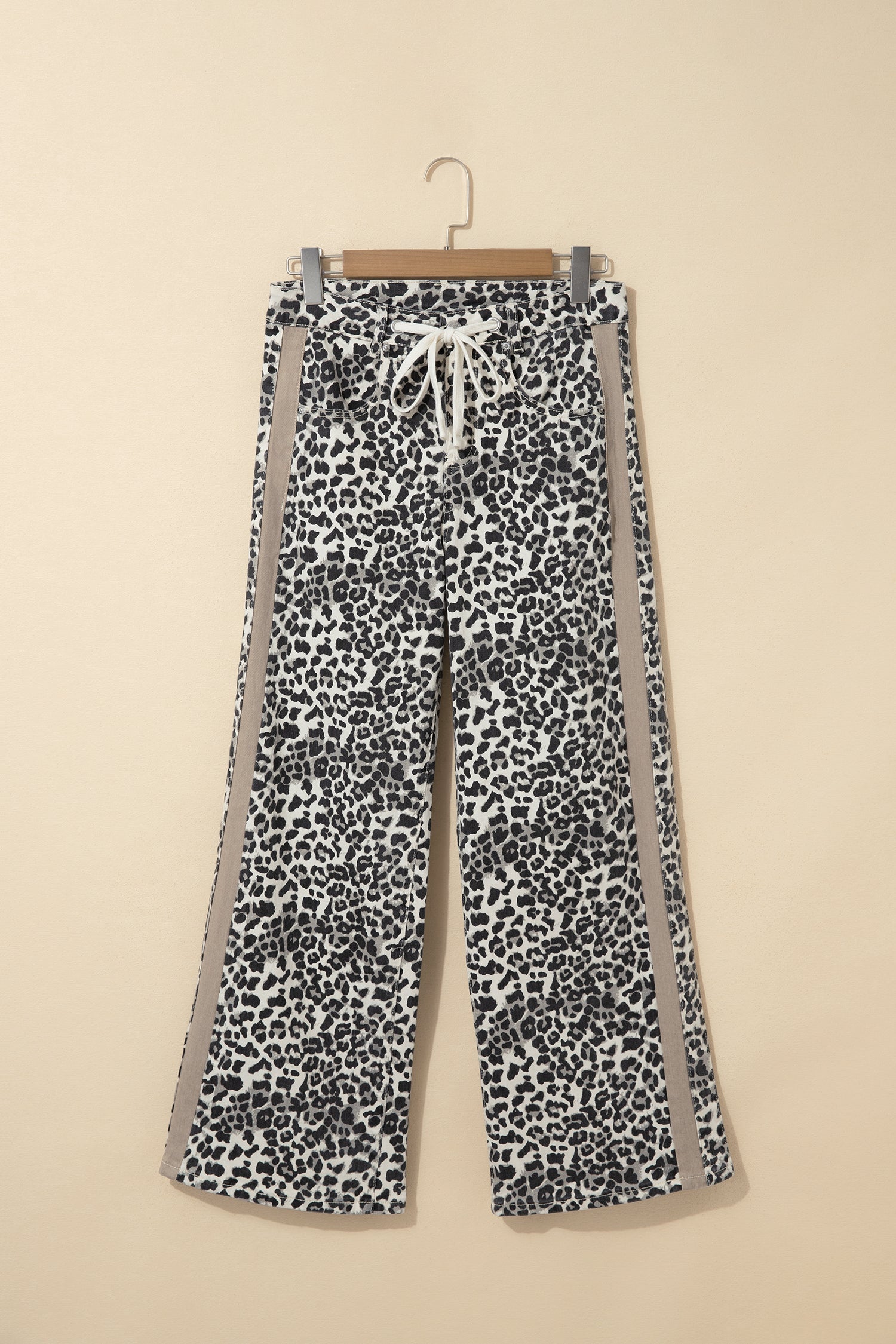 Khaki Leopard Print Drawstring Waist Straight Leg Jeans