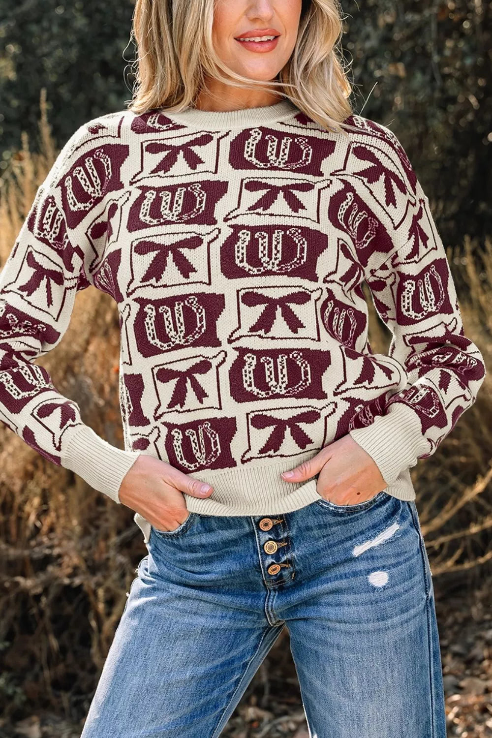 Bows & Horseshoes Pattern Western Round Neck Sweater