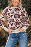 Bows & Horseshoes Pattern Western Round Neck Sweater
