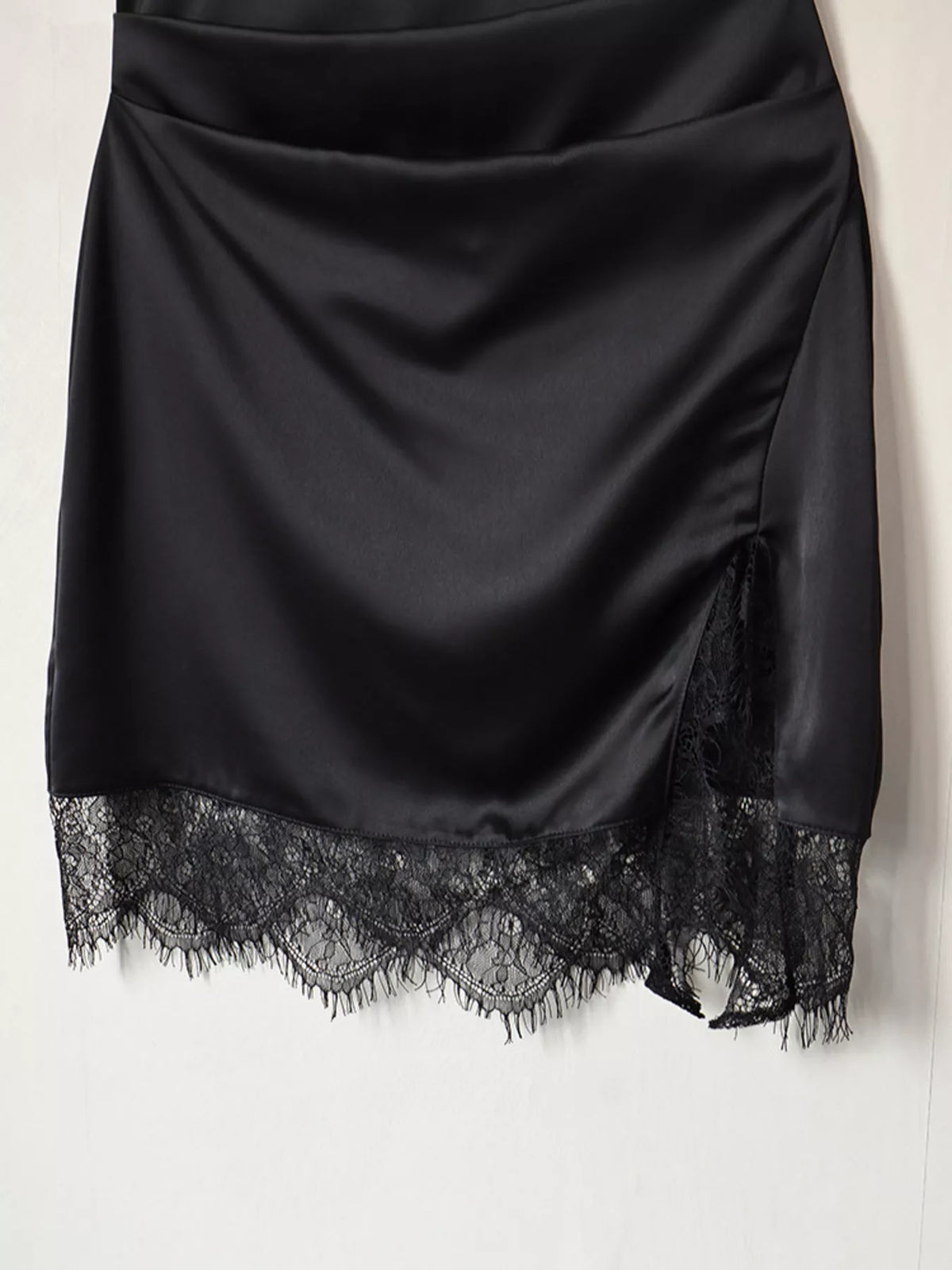 Satin Mock Neck Sleeveless Mini Dress with Lace Hem