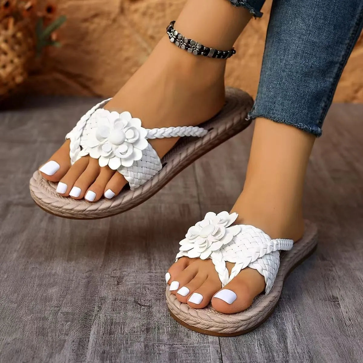 Flower Braided Espadrille Flat Sandals