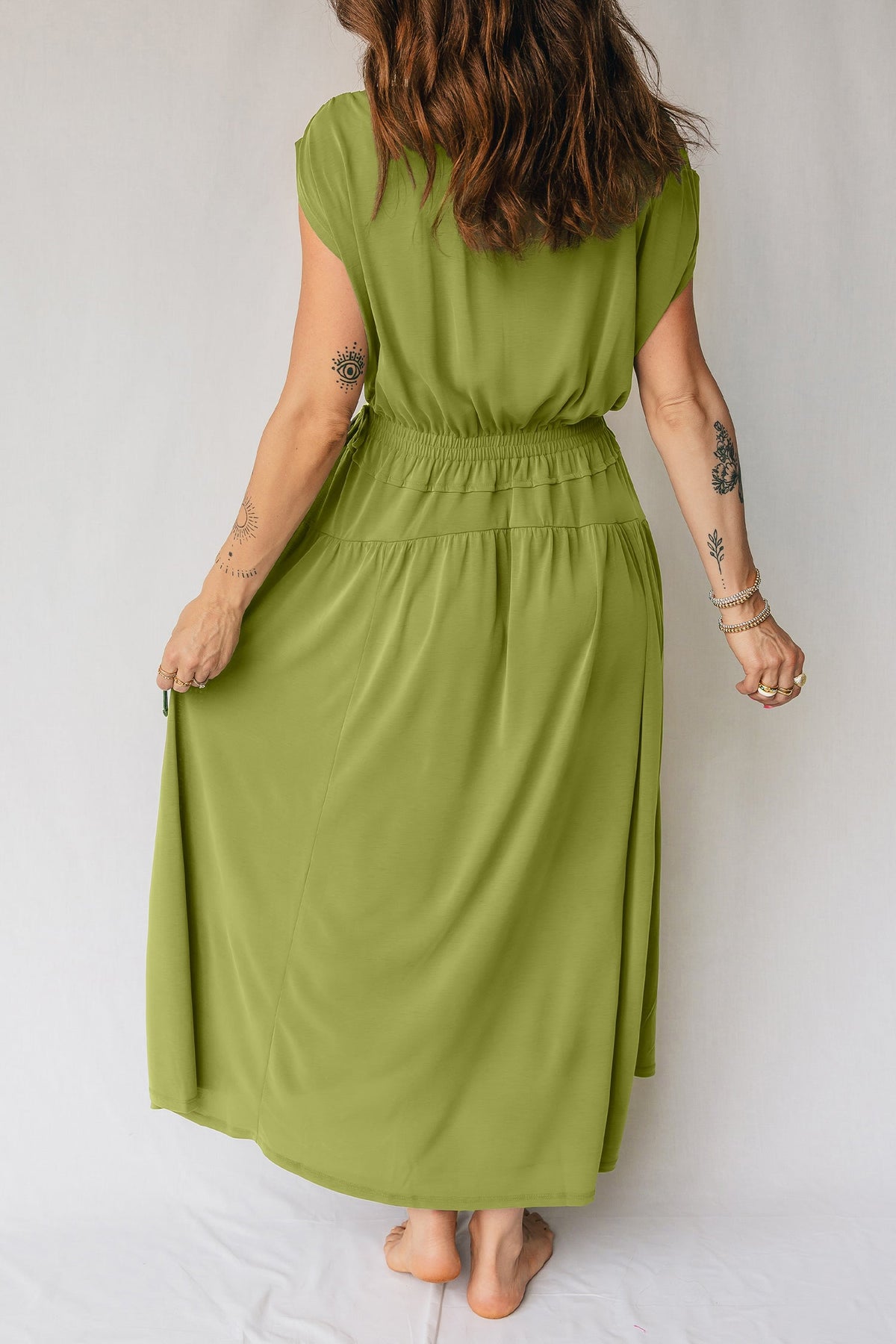 Solid V-Neck Cap Sleeve Elastic Waist Dress