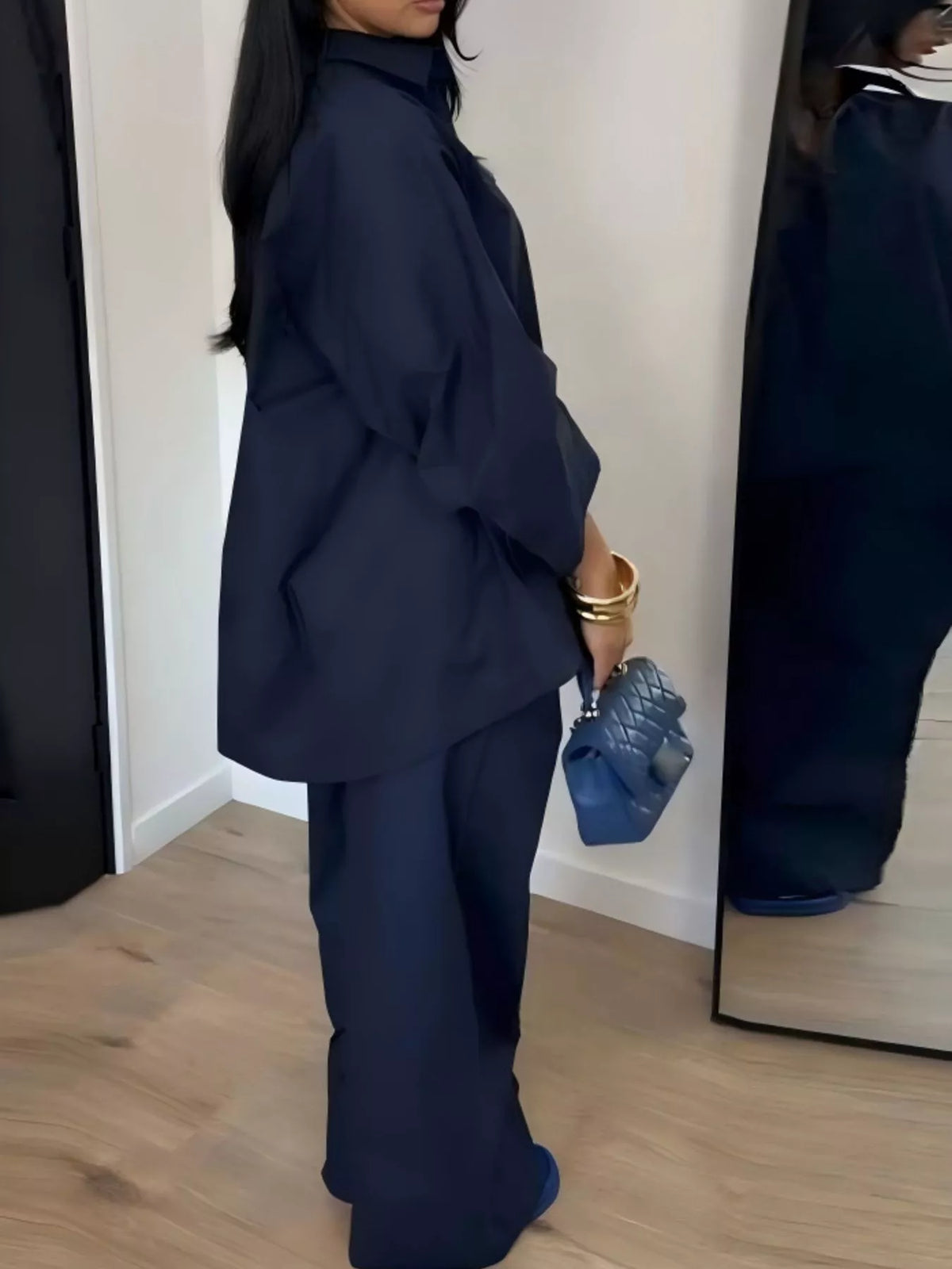 Button-Down Shirt and Wide-Leg Pants Two-Piece Set