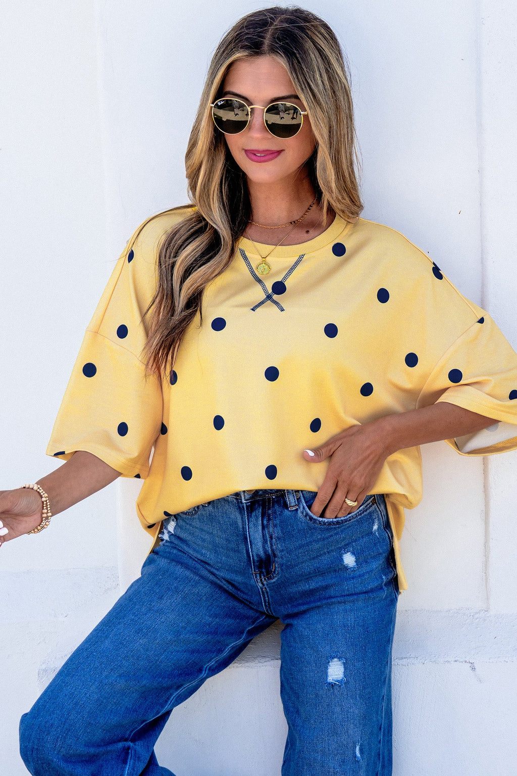 Sky Blue Polka Dot Print Crossed Seam Detail Oversize Tee
