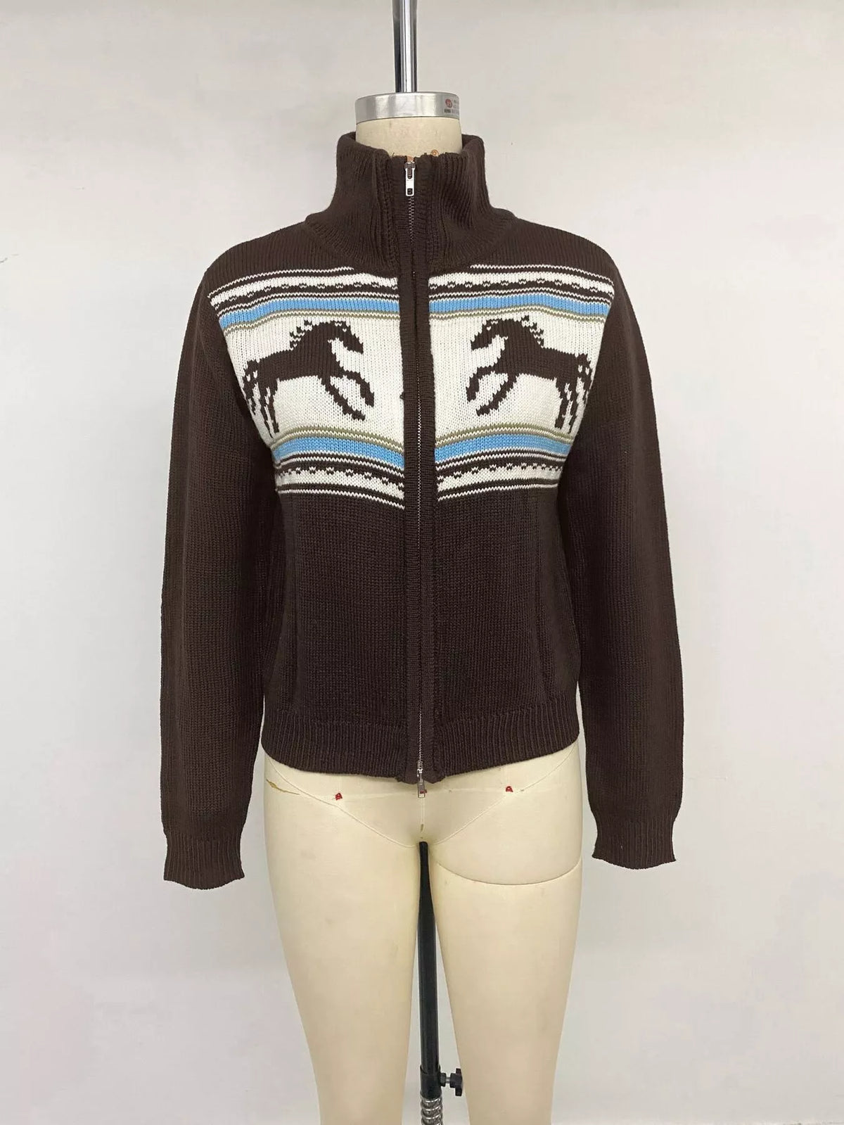 Horse Zip Up Mock Neck Cardigan