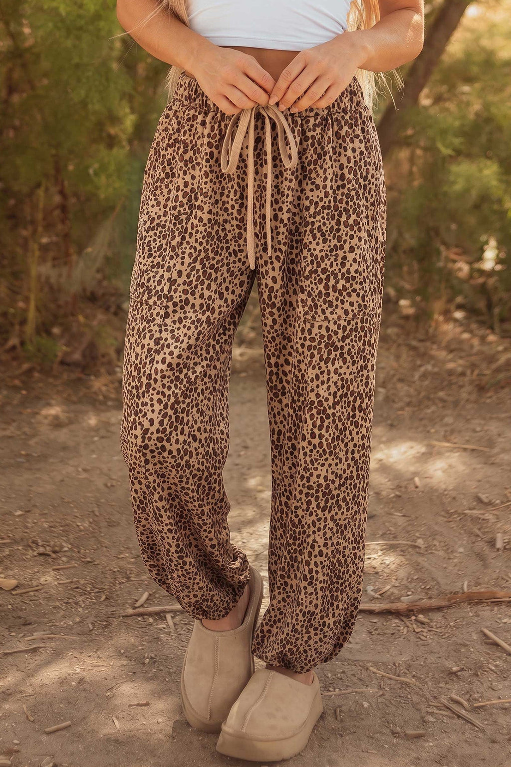 Khaki Leopard Print Drawstring Waist Patch Pockets Pants