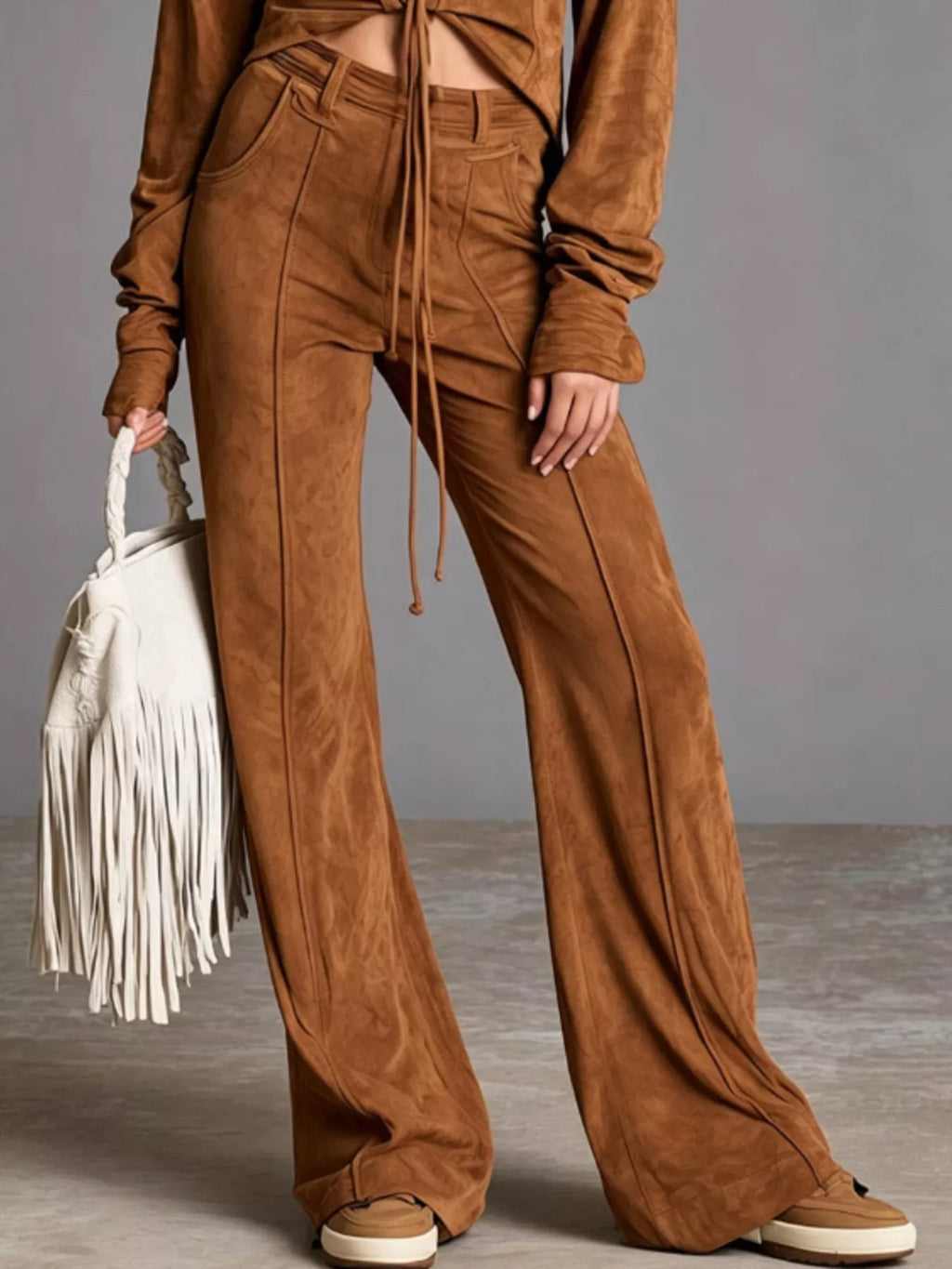 Full Size Lace-Up Long Sleeve Top and Wide-Leg Pants Set Plus Size