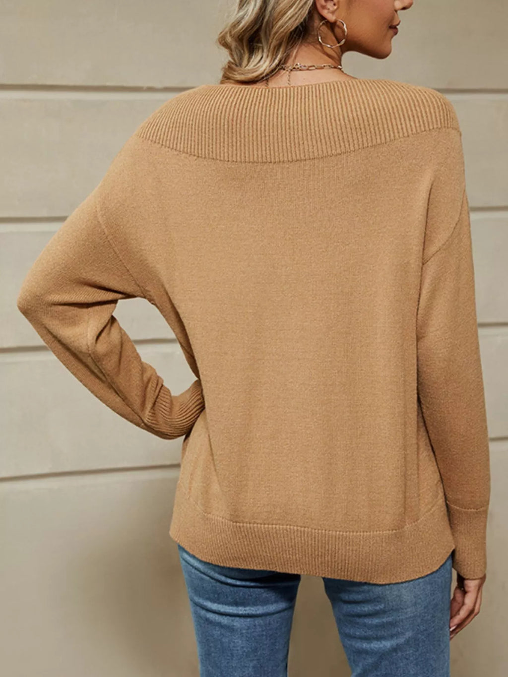 Ribbed Knit Dropped Shoulder Sweater