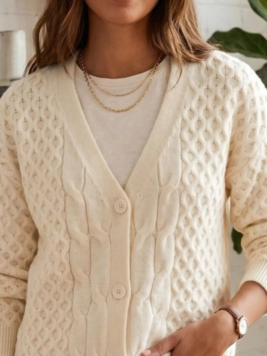 Cable-Knit V-Neck Button-Down Cardigan